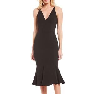 Dress the Population Black Isabelle Deep V-Neck Mermaid Midi Fitted Dress Sz S